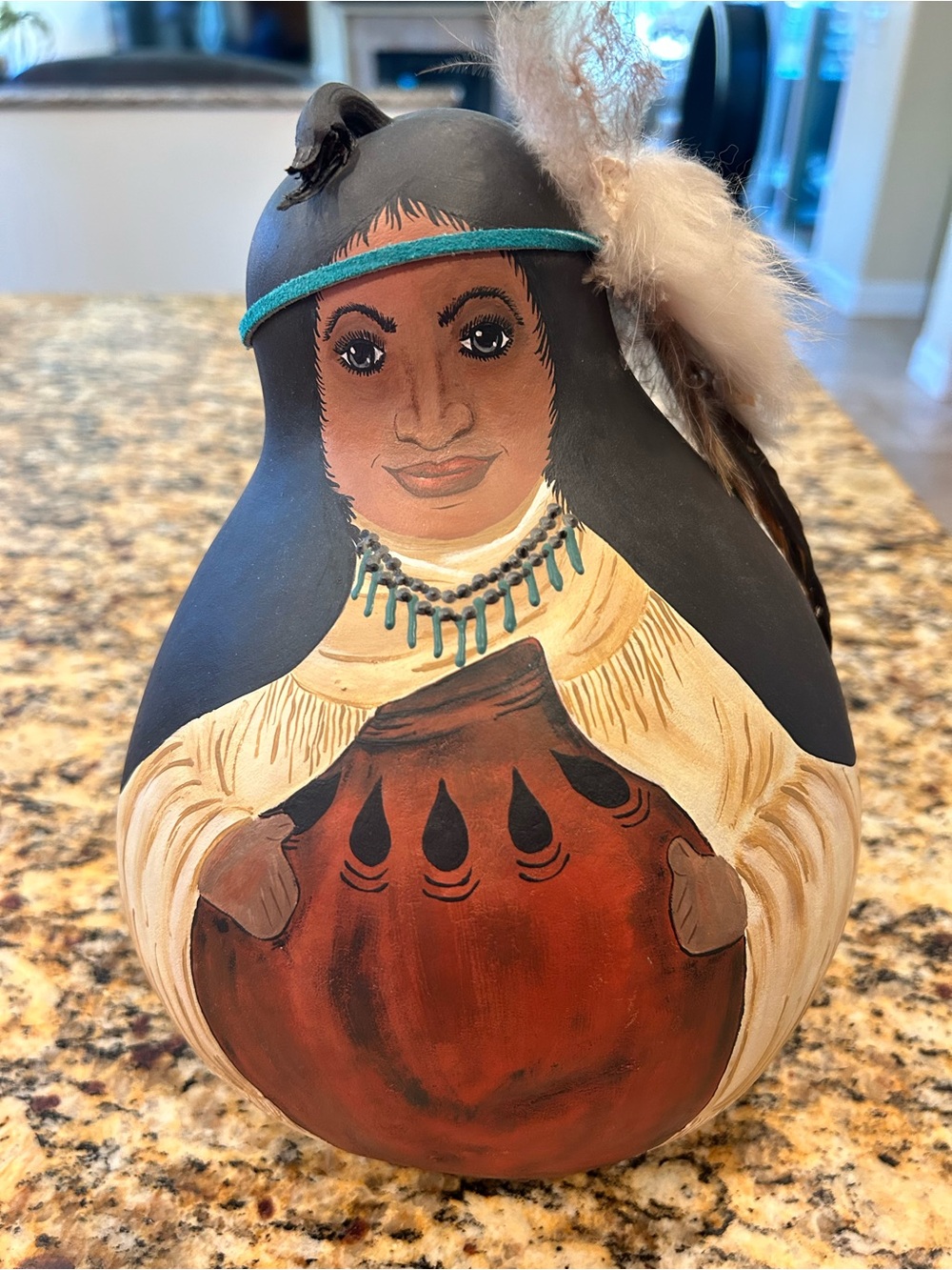 Hand-Painted Native American Gourd with Intricate Leather & Feather Headdress